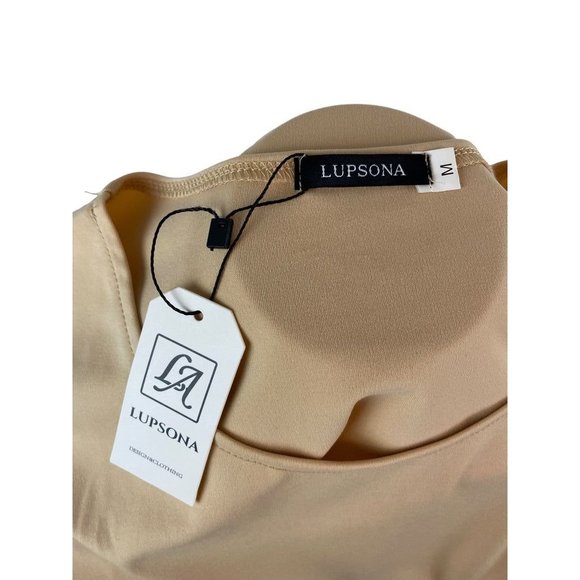 Medium Lupsona Stretch Sheath Dress 1/2 Sleeve Tan Black Trim - Picture 7 of 7